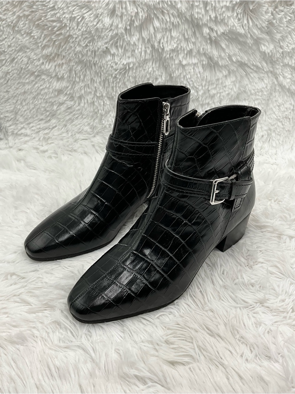 Talbots Ankle Boots Size 8 Black Croc-Embossed Genuine Leather Side Buckle NWOT